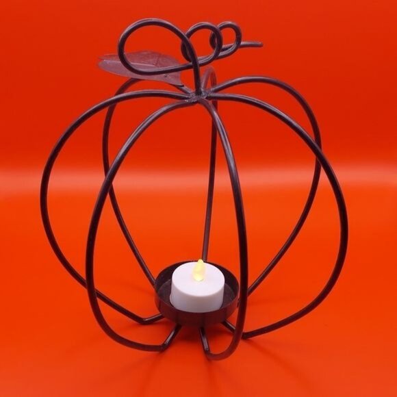 Metal 9" x 8" Black Open Pumpkin Votive Tea Light Holder Fall Halloween Decor - Picture 1 of 6